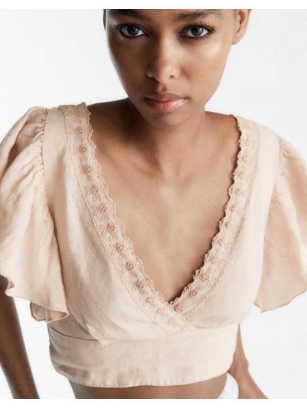Nwt Zara linen Delicate Lace-Trim cream Crop Top sz XS